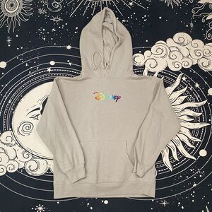 Disney Hoodie Beige Rainbow Embroider Logo Mens Small Casual Mickey Mouse